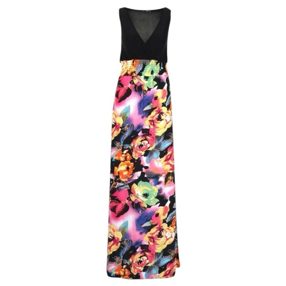 Boohoo Women’s Sleeveless Colorful Floral w/ Black Bodice Flowy Maxi Dress Sz 6 - Picture 2 of 8